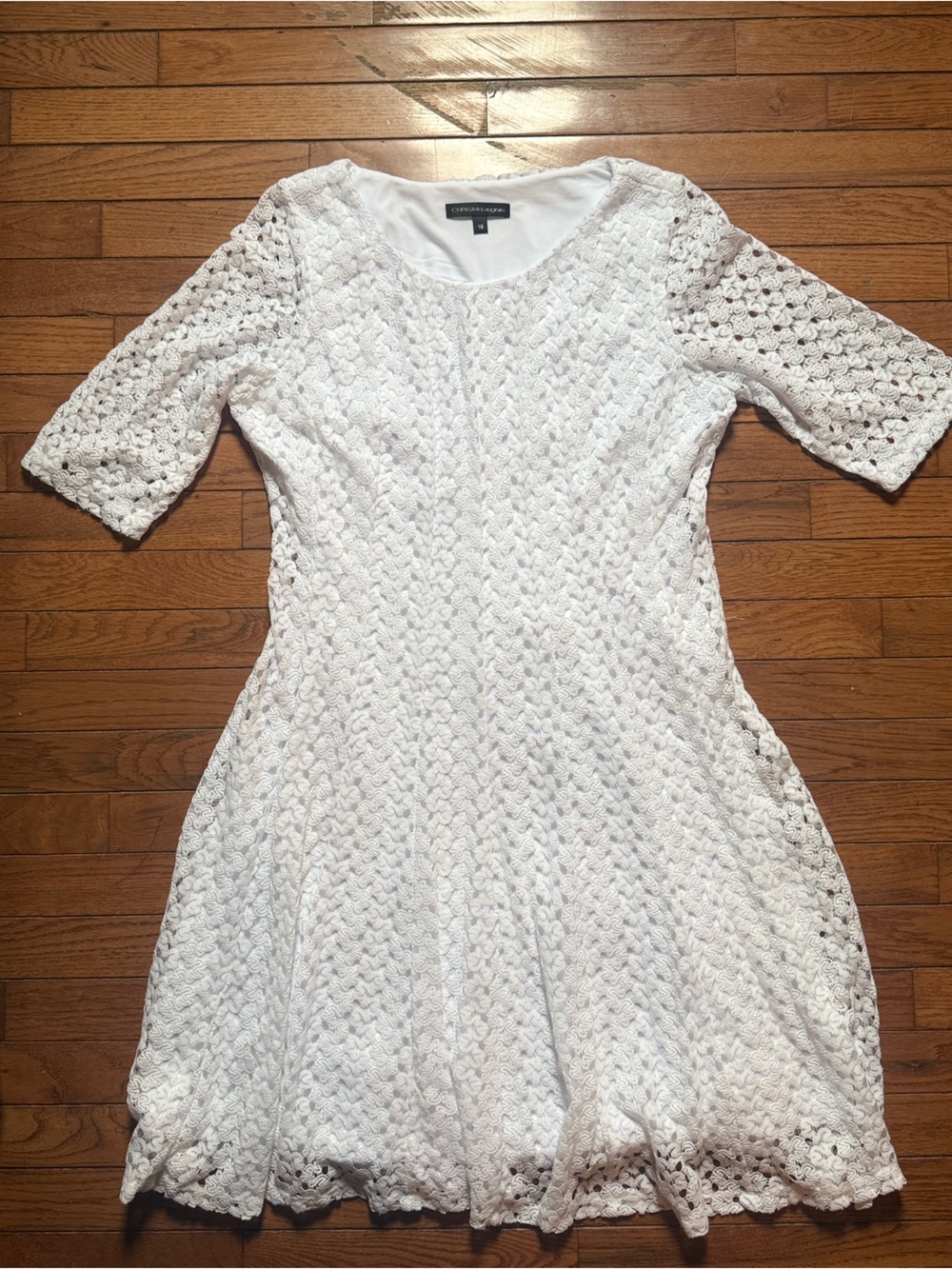 Chris McLaughlin Size 16 White Lace Overlay Dress 3/4 Sleeve Cottagecore Midi